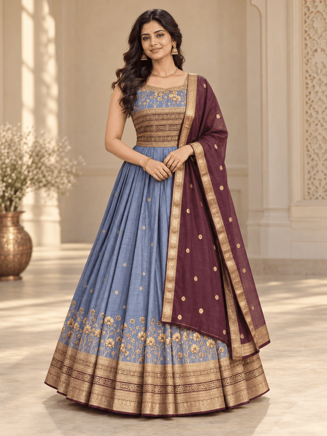 Blue & Wine Plum Festive Gown
