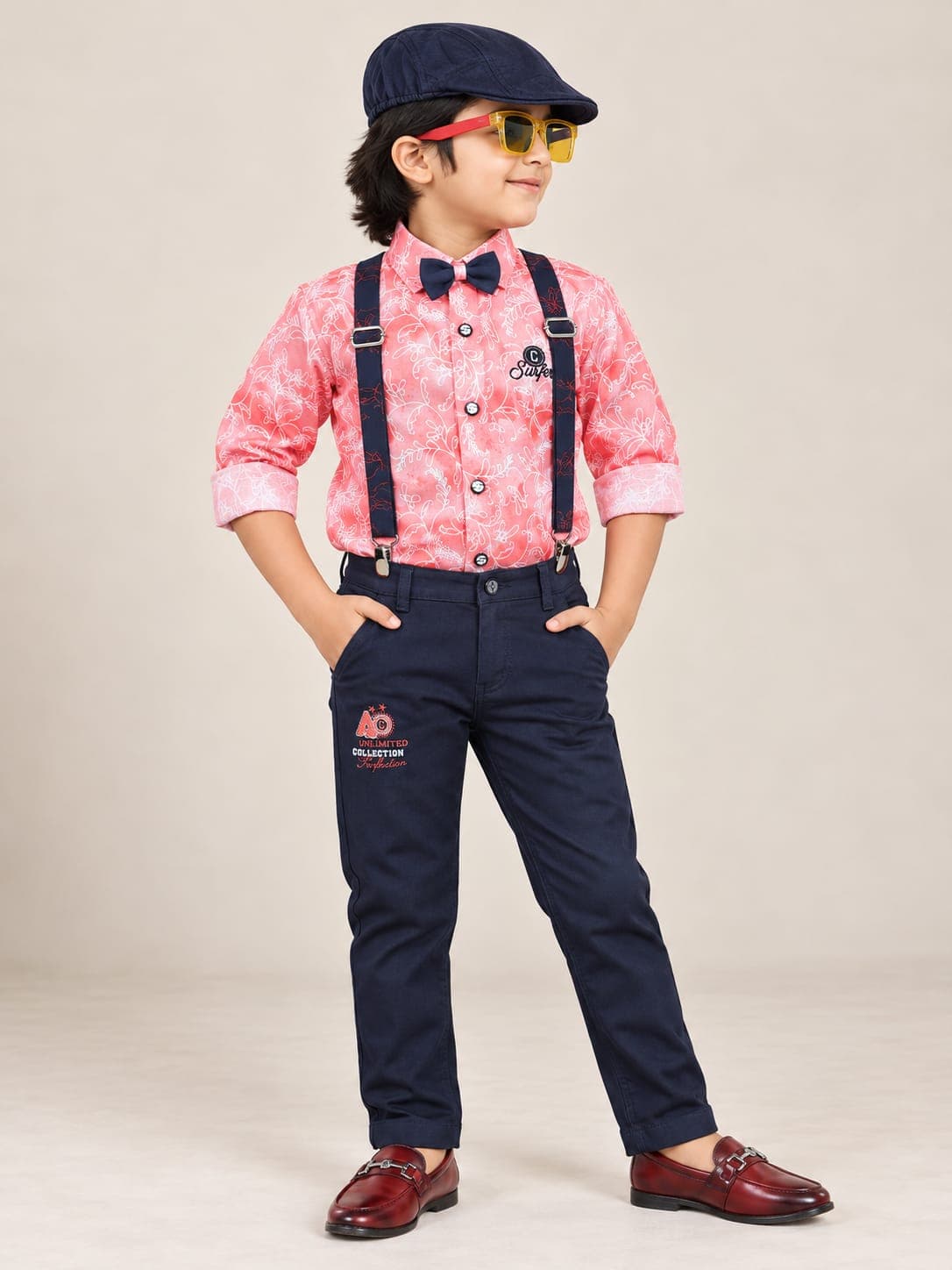 Pink Printed Shirt & Blue Pant Set with Suspenders