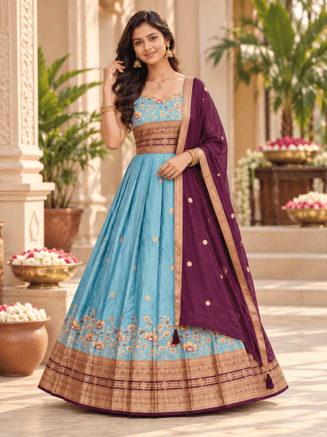 Aqua Blue & Wine Royal Anarkali