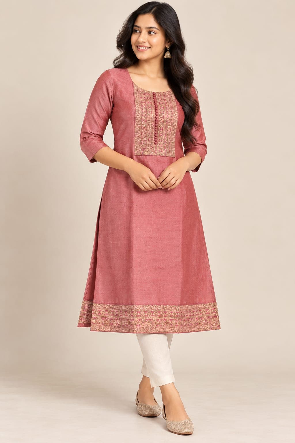 Vichitra Silk Kurti - Peach