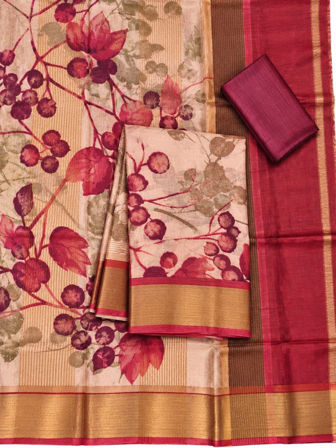 Pure Tussar Saree - Blush Berry Print