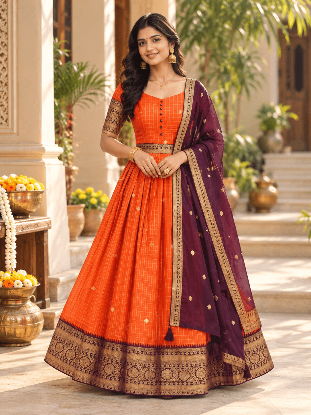 Orange & Burgundy Heritage Anarkali