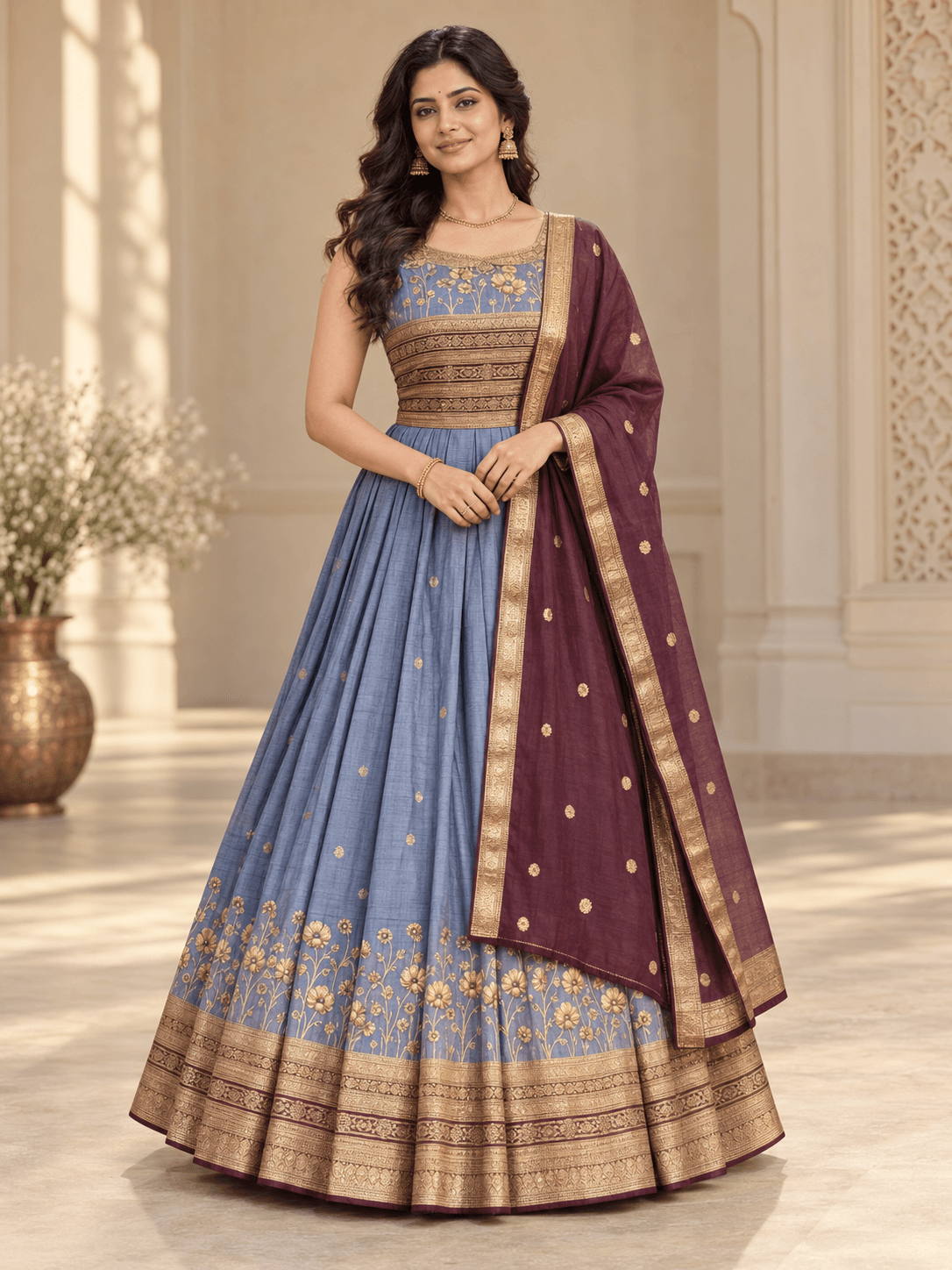 Blue & Wine Plum Festive Gown