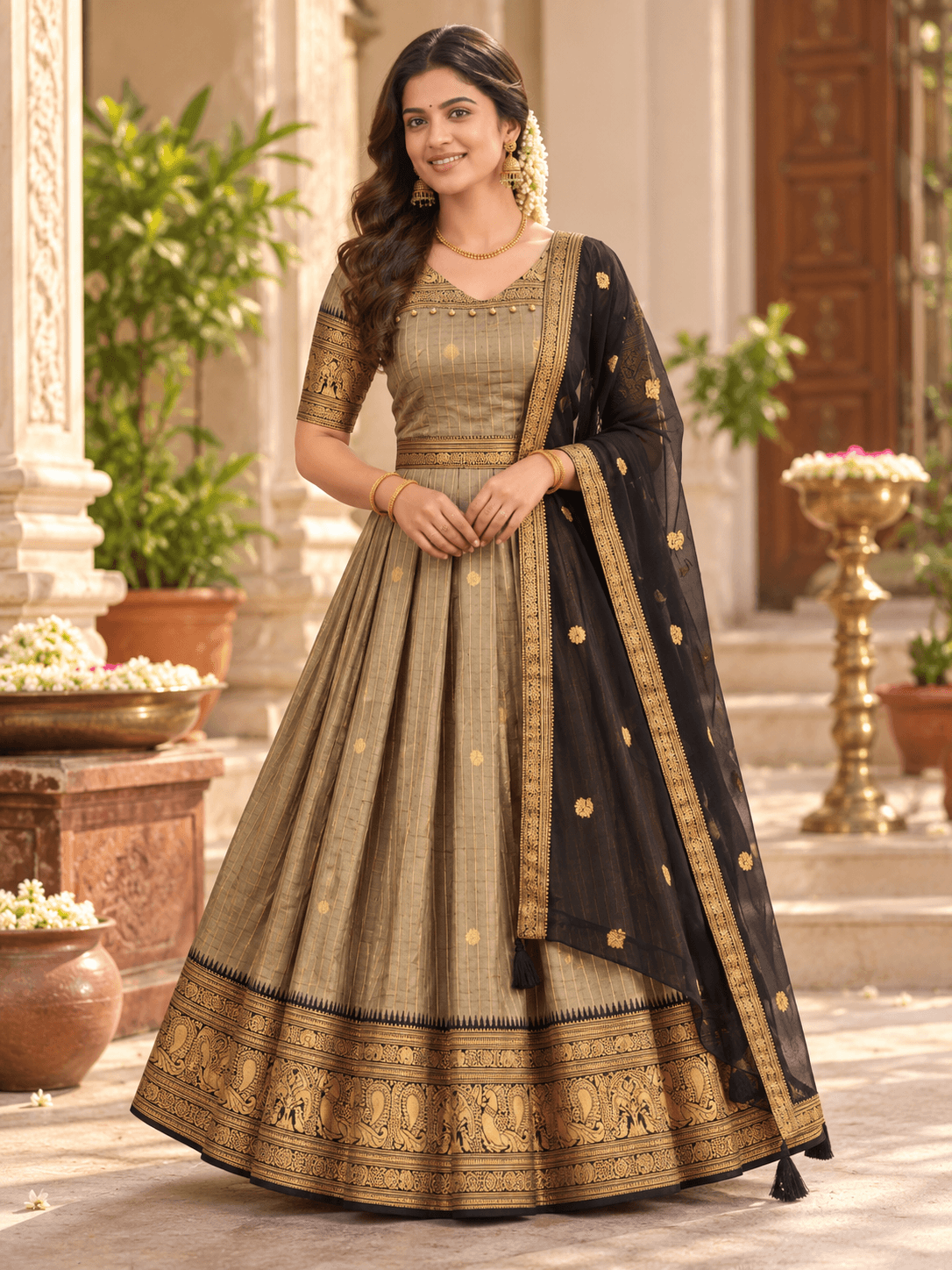 Grey Olive Traditional Anarkali Suit