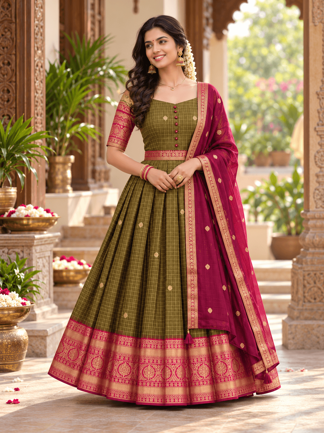 Olive Green & Magenta Pink Royal Anarkali