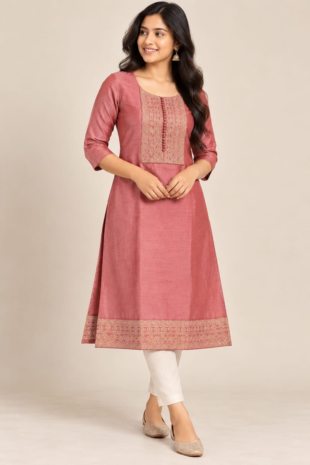 Vichitra Silk Kurti - Peach
