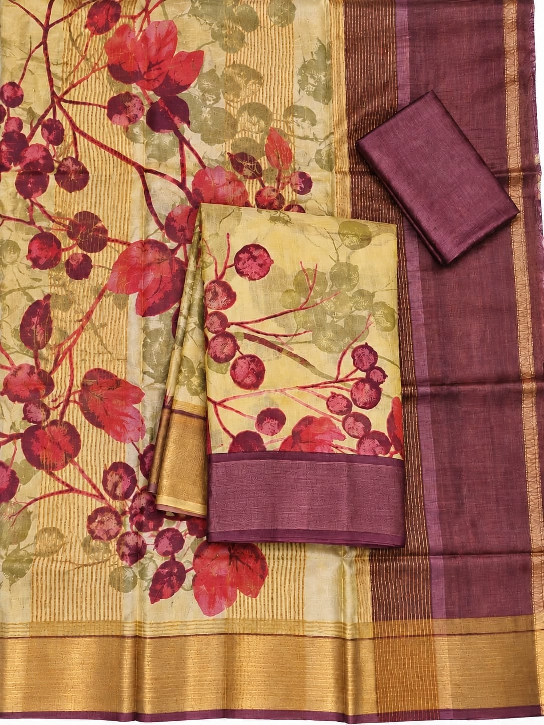 Pure Tassar Saree - Lemon Maroon Berry Print