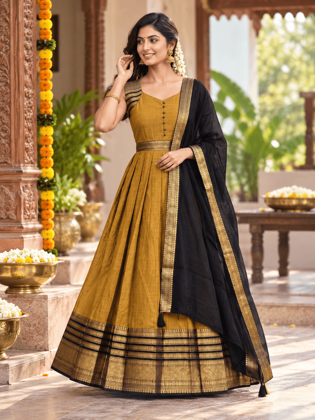 Mustard Yellow & Black Royal Anarkali