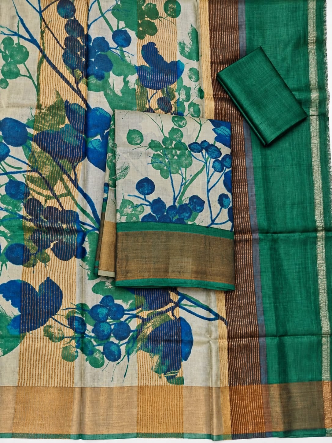 Pure Tussar Saree - Mint Blue Berry Print