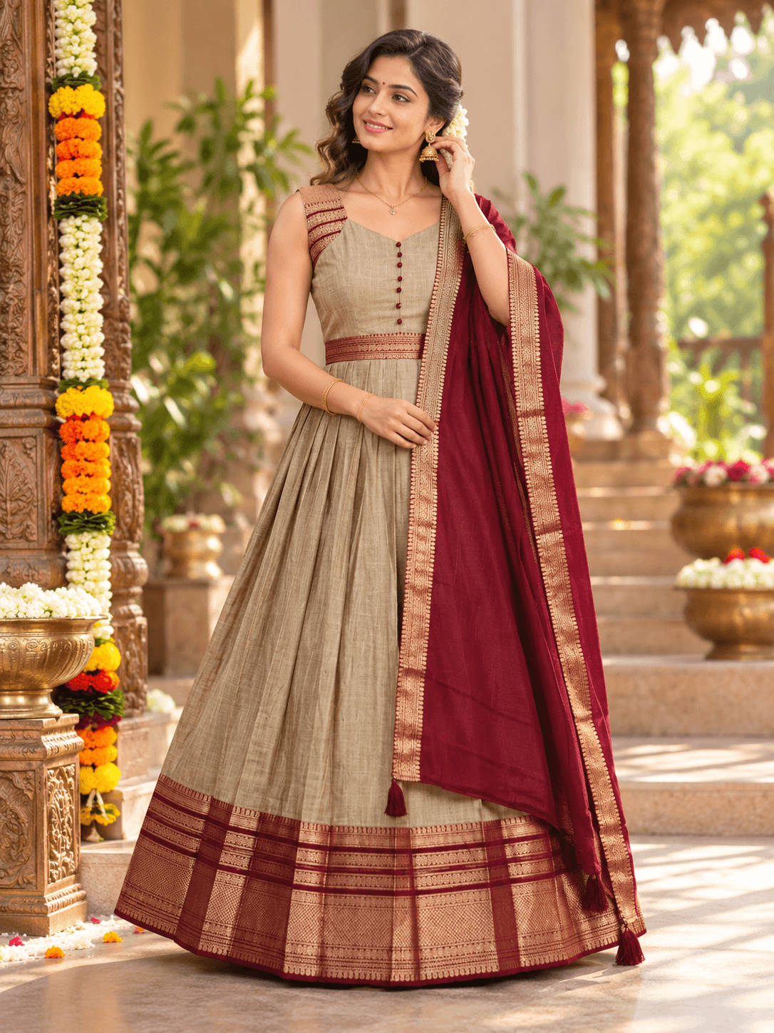 Beige & Maroon Royal Zari Anarkali