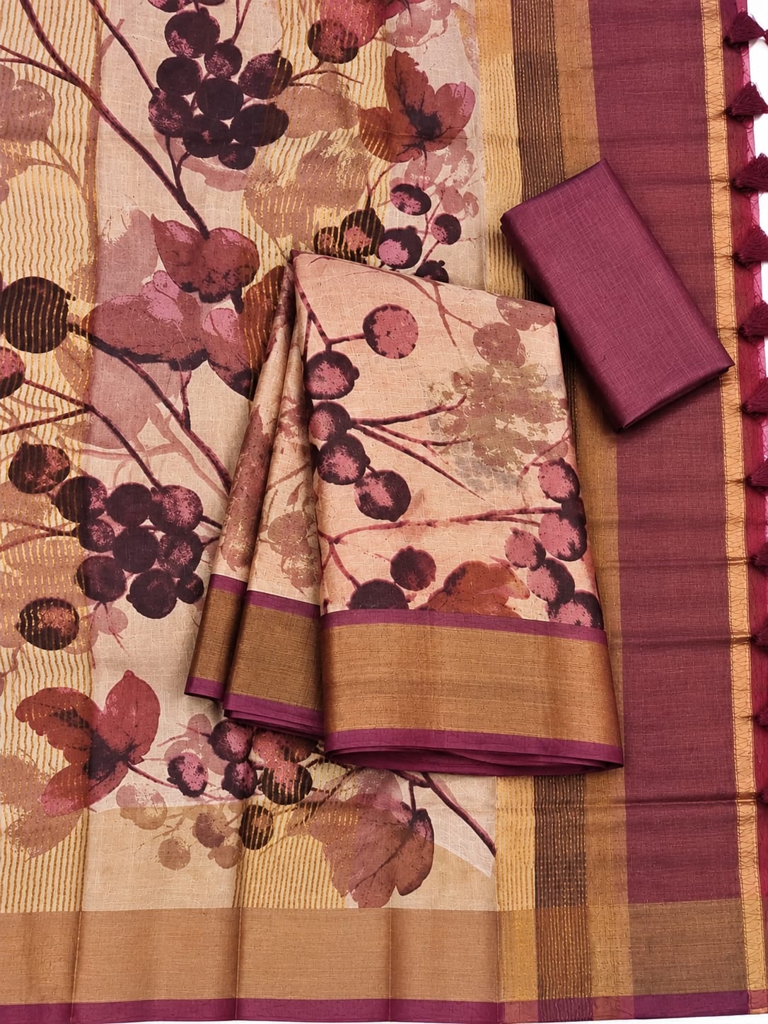 Pure Tassar Saree - Blush Plum Berry Print