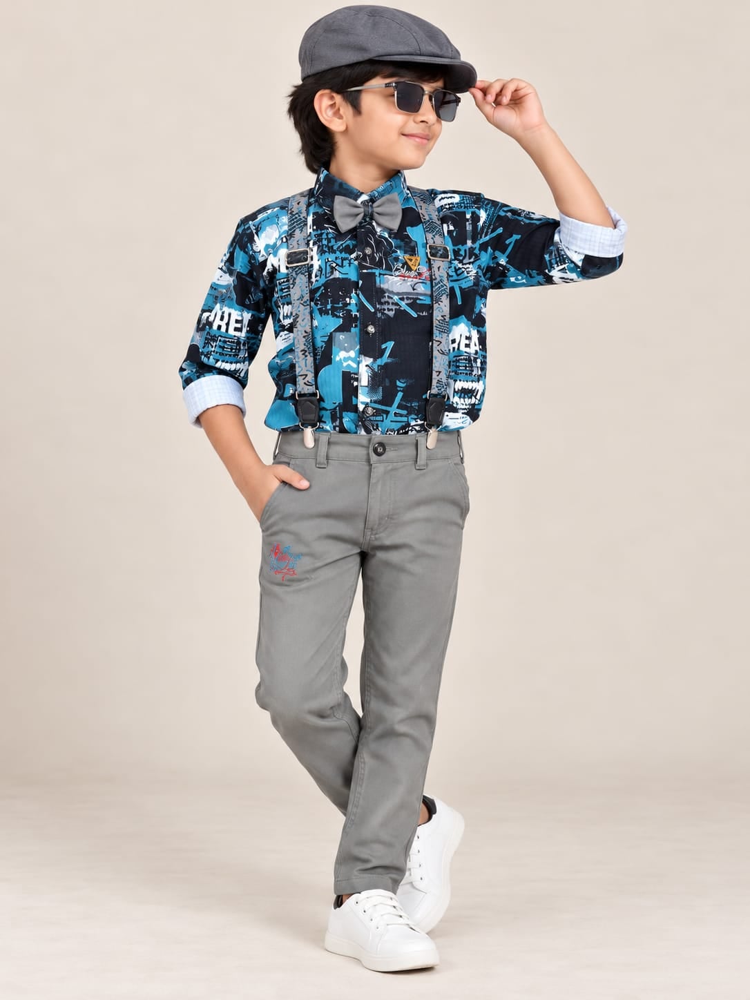 Blue Print Shirt & Grey Pant Set with Suspenders
